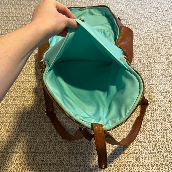 Lily Jade Brown Leather Backpack diaper bag with Teal Lining and accessories - Picture 5 of 14